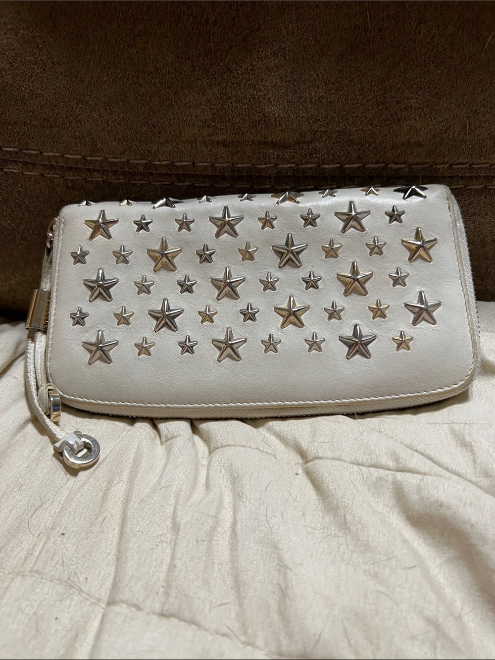 Jimmy Choo White Star-Studded Leather Wristlet Clutch